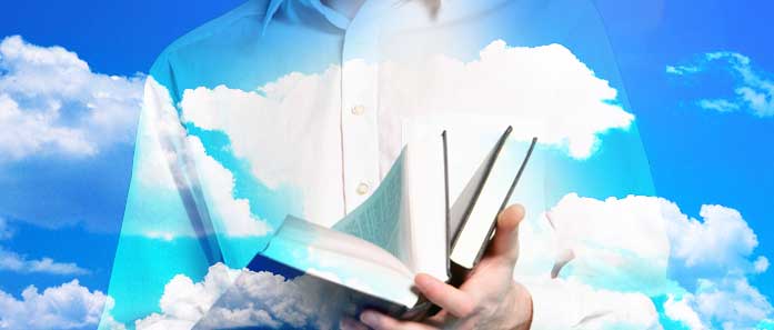 An image of a person reading a book is superimposed over an image of a cloudy sky. 