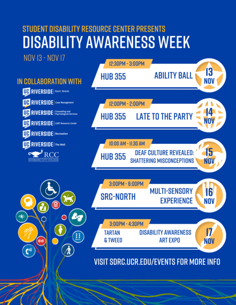 Disabiity Awareness Week List of Events for November 13-17, visit sdrc.ucr.edu/events for more specific information.