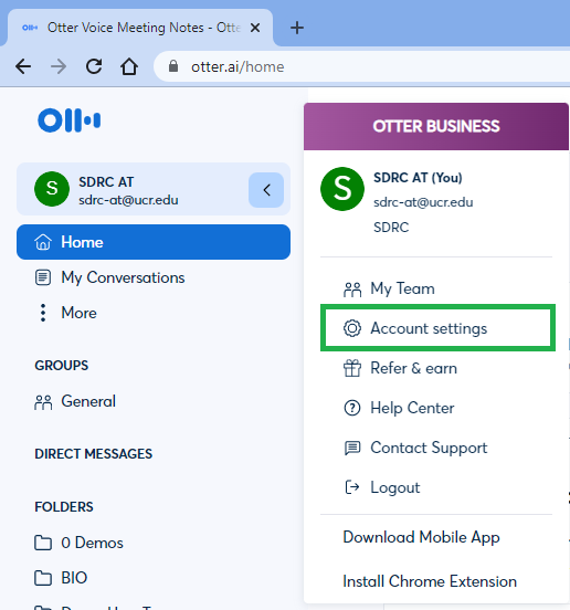 Otter Voice account settings.