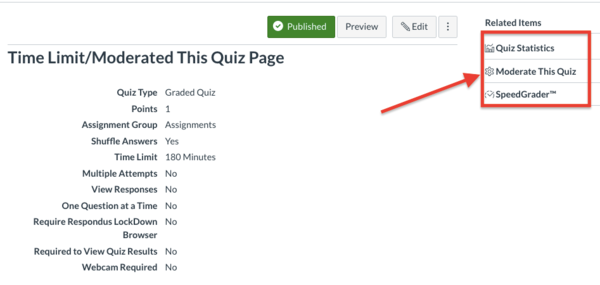 Menu location of Moderate This Quiz in Canvas that allows extra time for individual students.