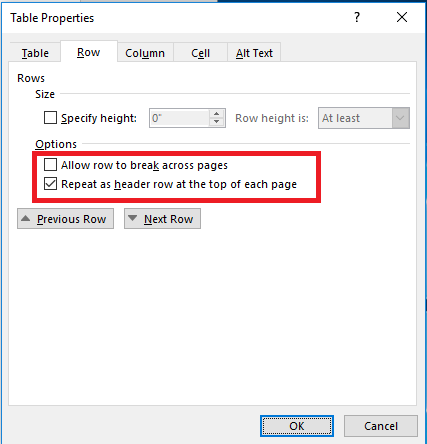 Dialog box to repeat seleted row as header.