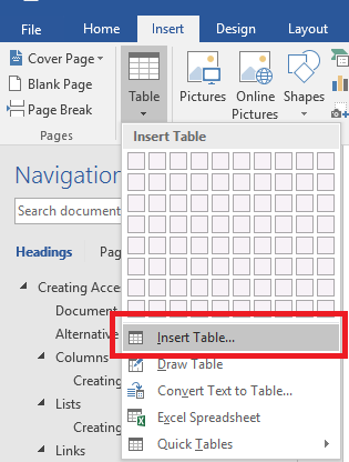 Dialog box to Insert Table.